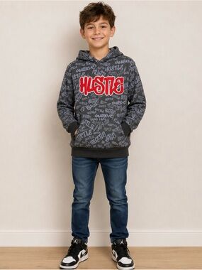 Prime Thread Hustle Hoodie Black & Gray All Over Graphic Print Youth Size 10/12